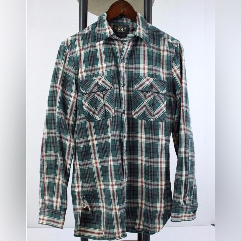 RRL Double RL Green/Red Cotton Flannel Button Down Work Shirt Size M